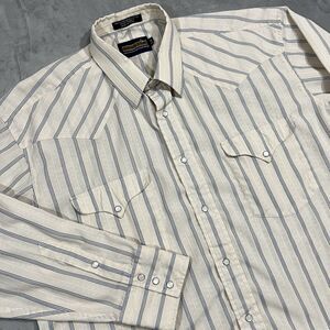 Vtg Panhandle Slim Western Pearl Snap Mens Shirt 17-35 Beige Blue Striped Cowboy
